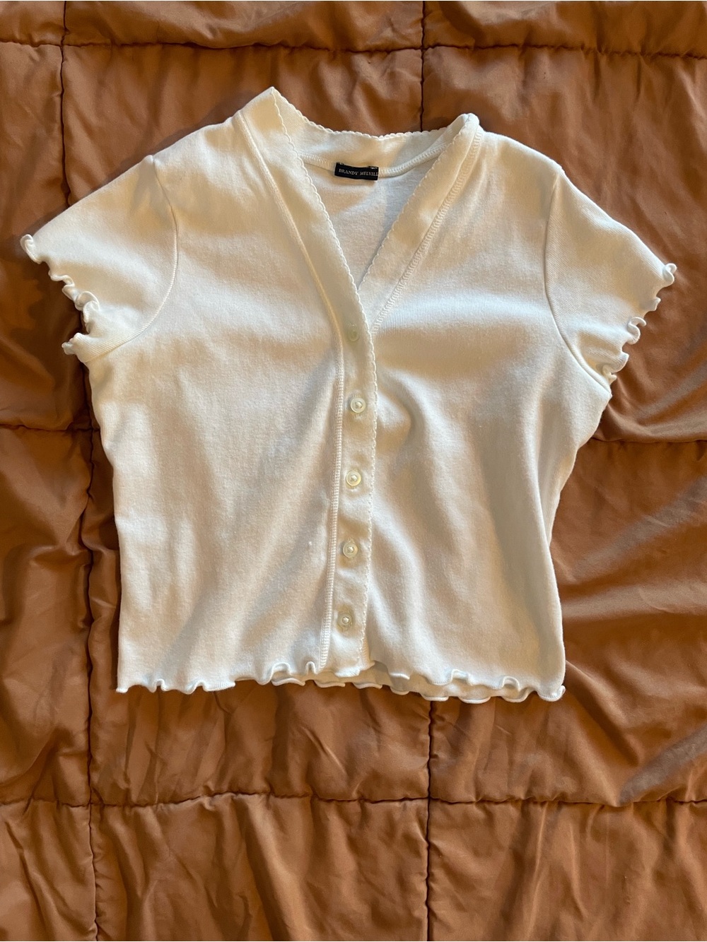 Brandy White Short-Sleeve Button Front Ribbed Top